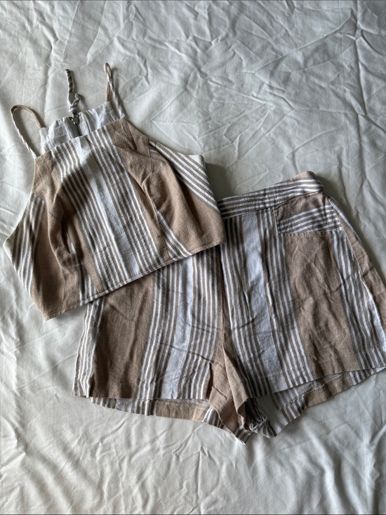 Other - Striped Linen-Blend Crop Top & Shorts Set in Beige and White